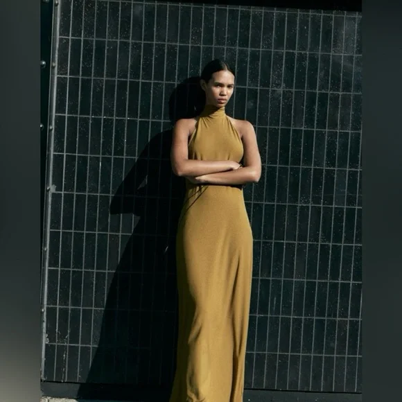 Zara Halter Maxi Green Dress Long Open Back Size S - Picture 6 of 12